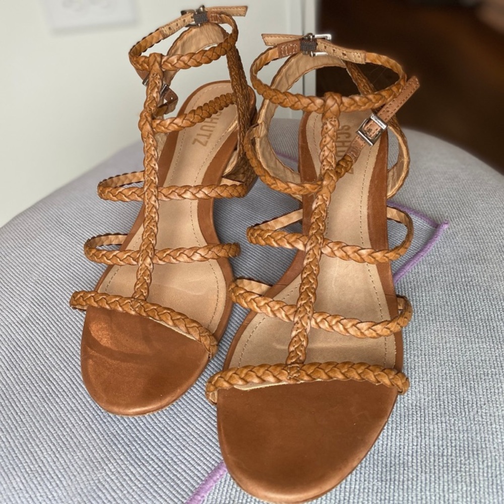 SCHUTZ Tan Braided Leather Ankle Strap Sandals with Medium Heel - 7.5B